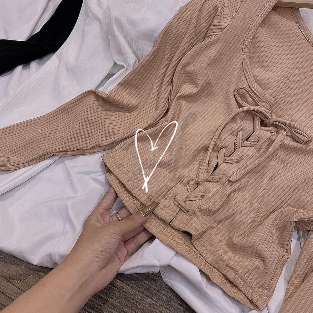 Beige Tops Sexy Solid Color Lace-Up Long Sleeve Size S